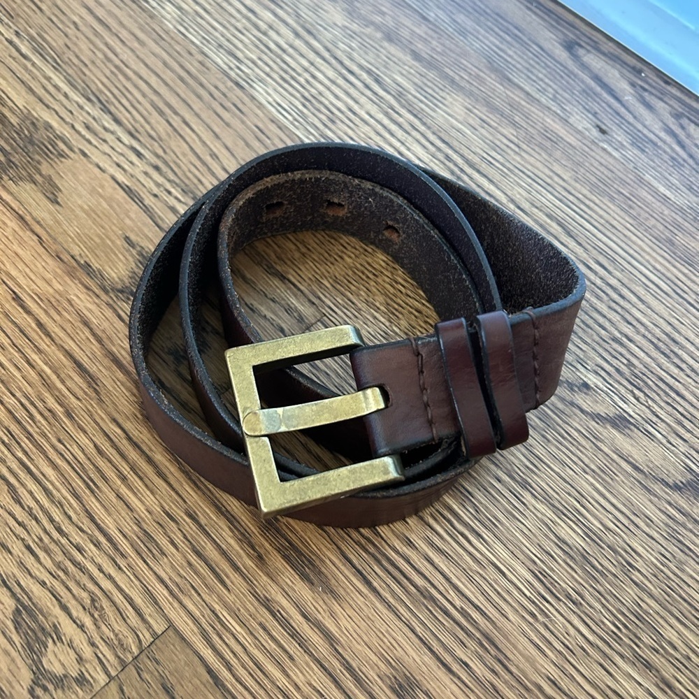 VTG‎ Brass Buckle Belt Women Brown Genuine Leather Size 47” Classic Old Money